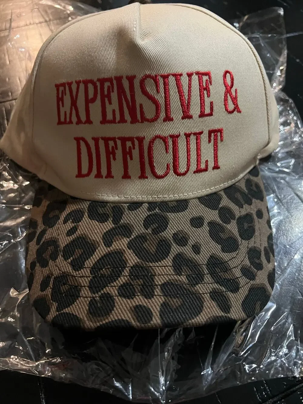 New Expensive And Difficult Embroidered Tan Leopard Print Snapback Trucker Hat